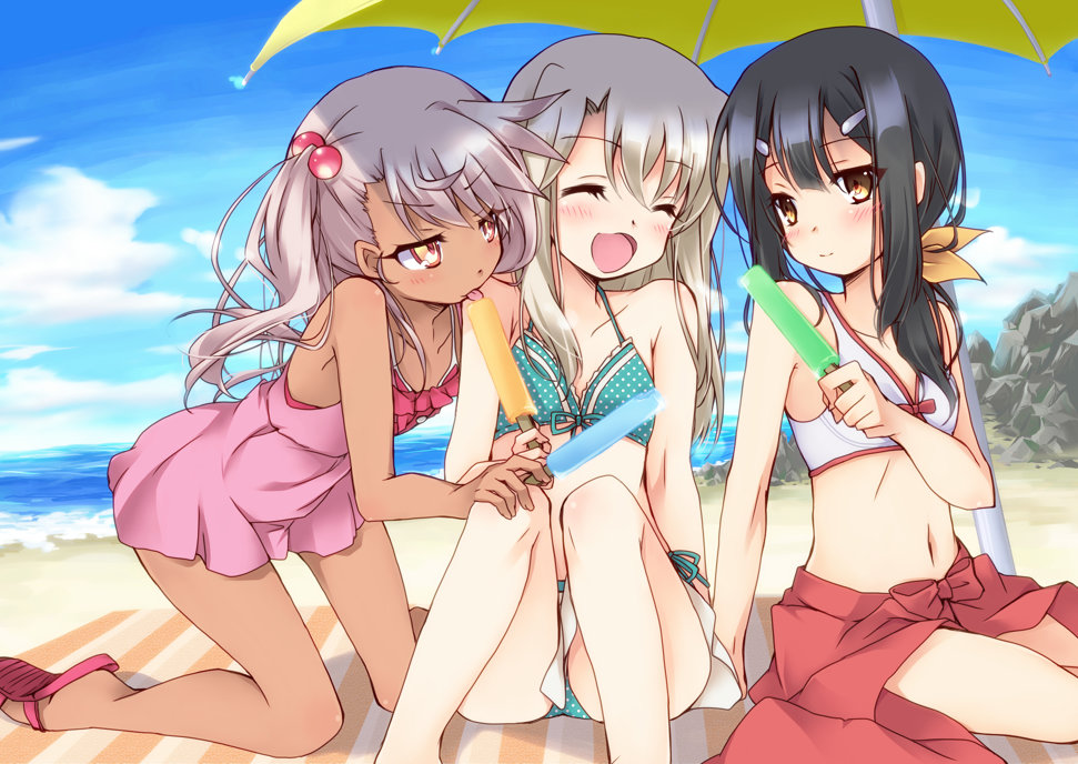 3girls, :d, ^_^, aqua_bikini, beach, beach_umbrella, bikini, bikini_under_clothes