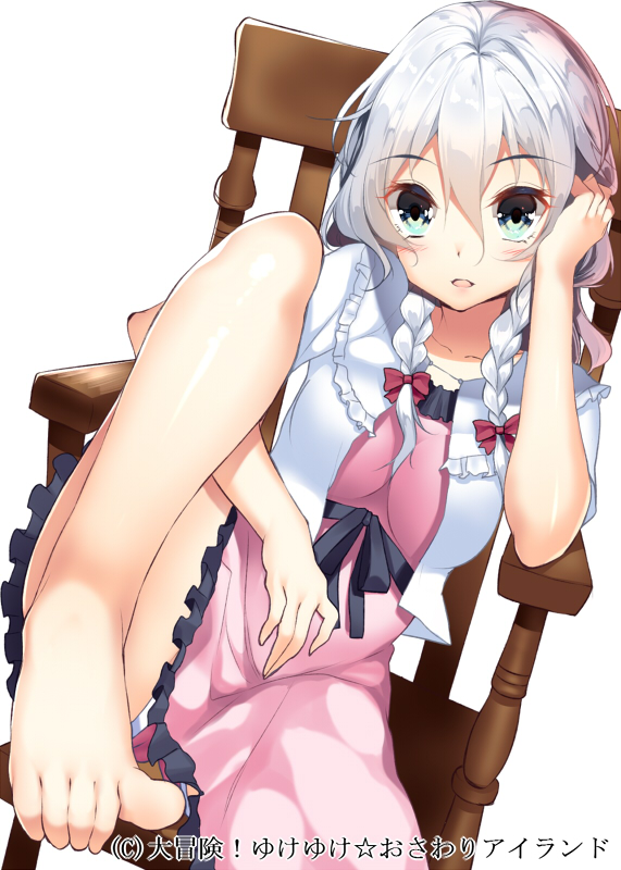 1girl, aqua_eyes, bare_legs, barefoot, braid, chair, collarbone, cropped_jacket
