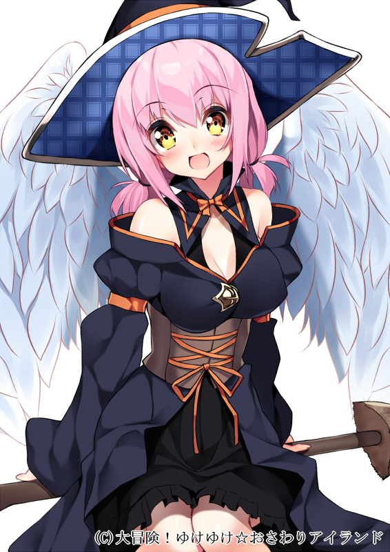 1girl, angel_wings, bare_shoulders, black_dress, breasts, broom, broom_riding, cleavage