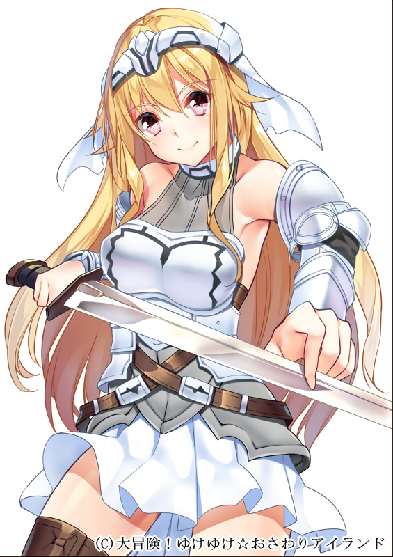 1girl, armor, armored_dress, armpits, bare_shoulders, blonde_hair, breasts, brown_legwear