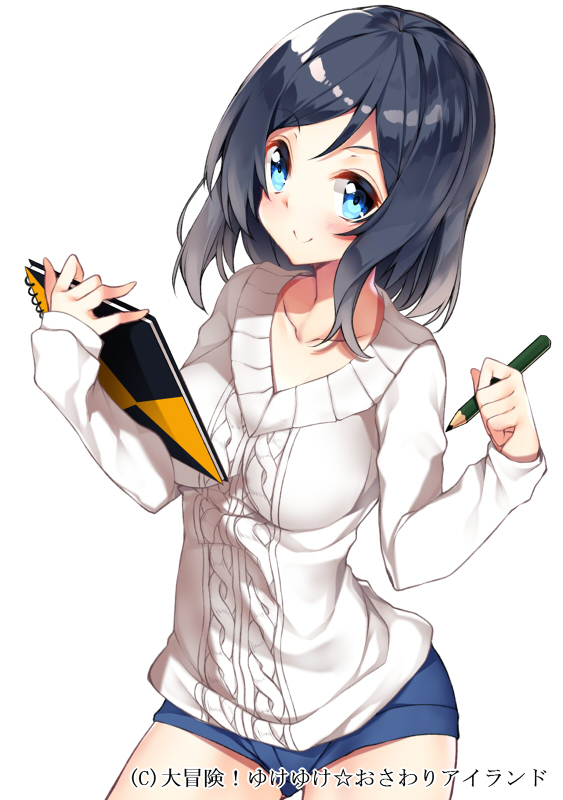 1girl, black_hair, blue_eyes, book, breasts, collarbone, cowboy_shot, daibouken!_yukeyuke_osawari_island