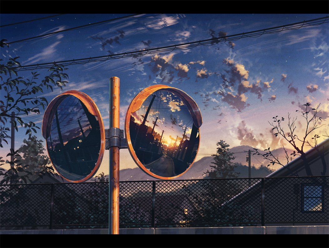 cable, chain-link_fence, clouds, cola_(gotouryouta), fence, house, letterboxed, mirror