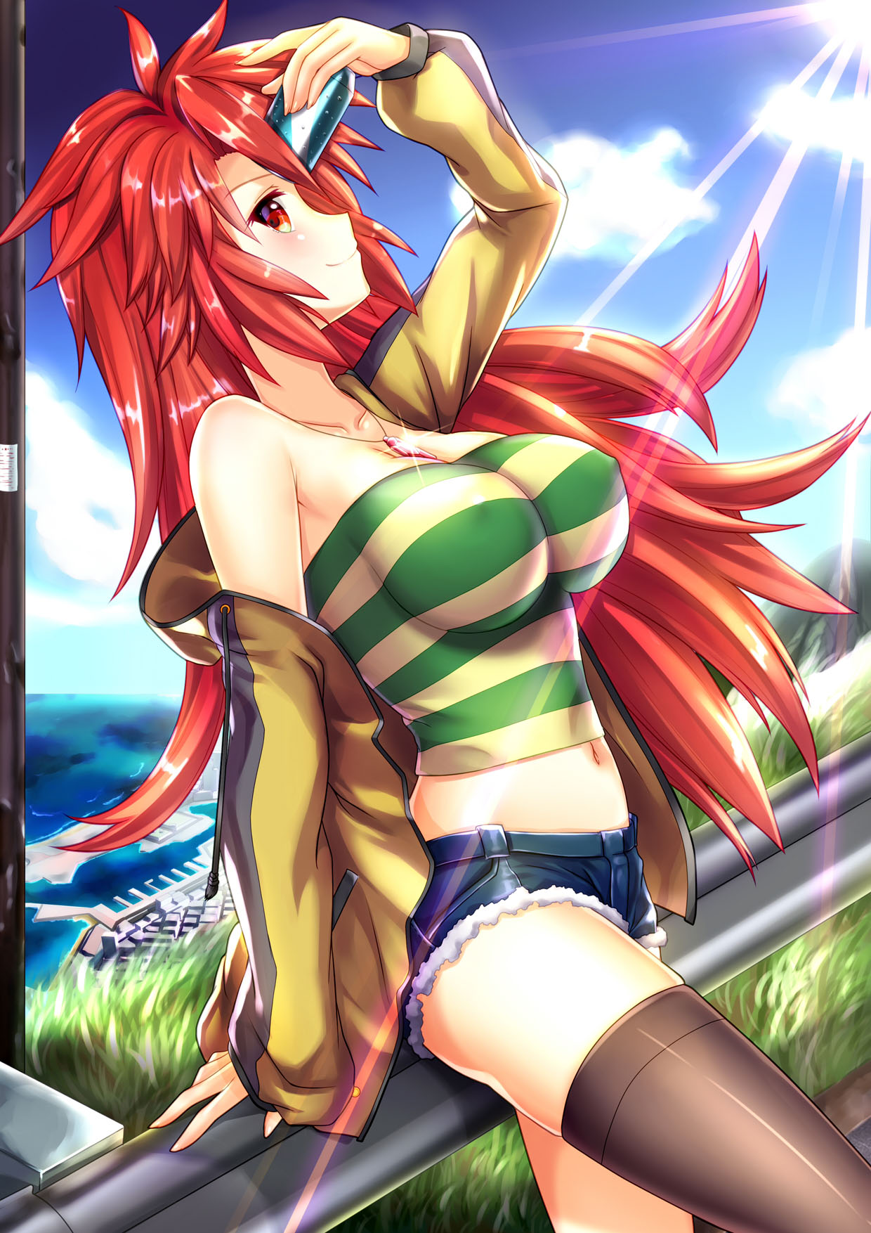 1girl, amou_kanade, breasts, can, highres, hoodie, large_breasts, long_hair