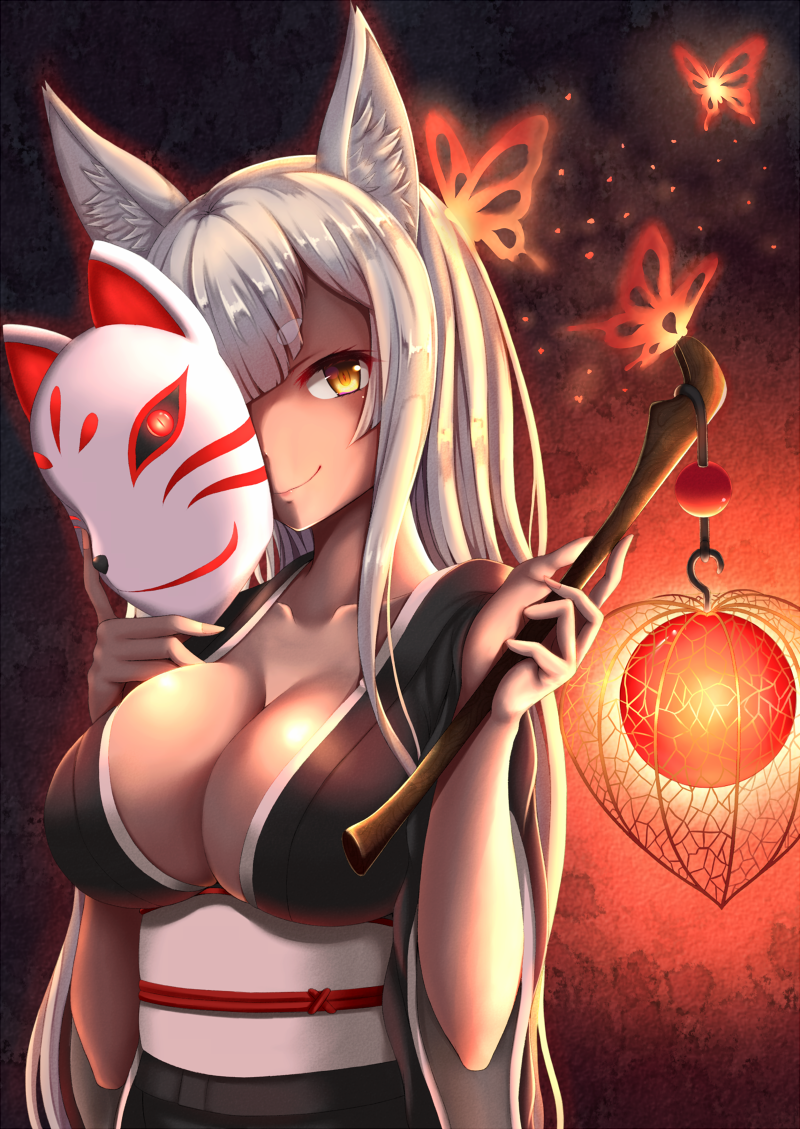 1girl, animal_ears, bangs, breasts, butterfly, chinese_lantern, cleavage, covered_eyes