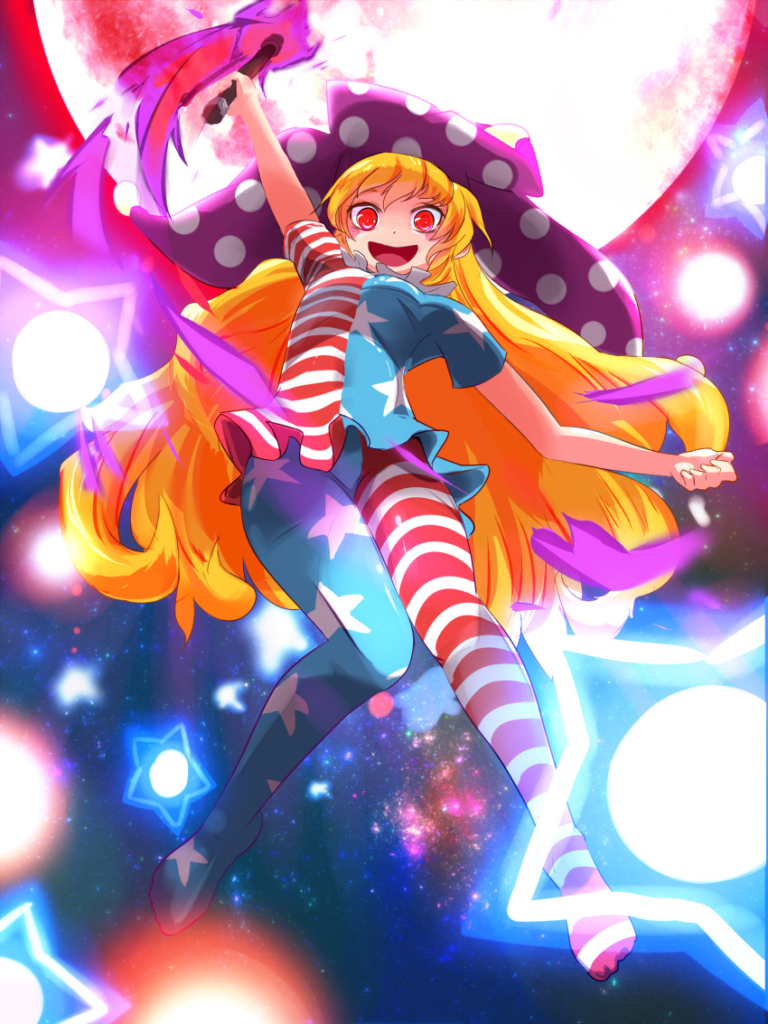 1girl, absurdres, american_flag_legwear, american_flag_shirt, arm_up, big_hair, big_hat, blonde_hair