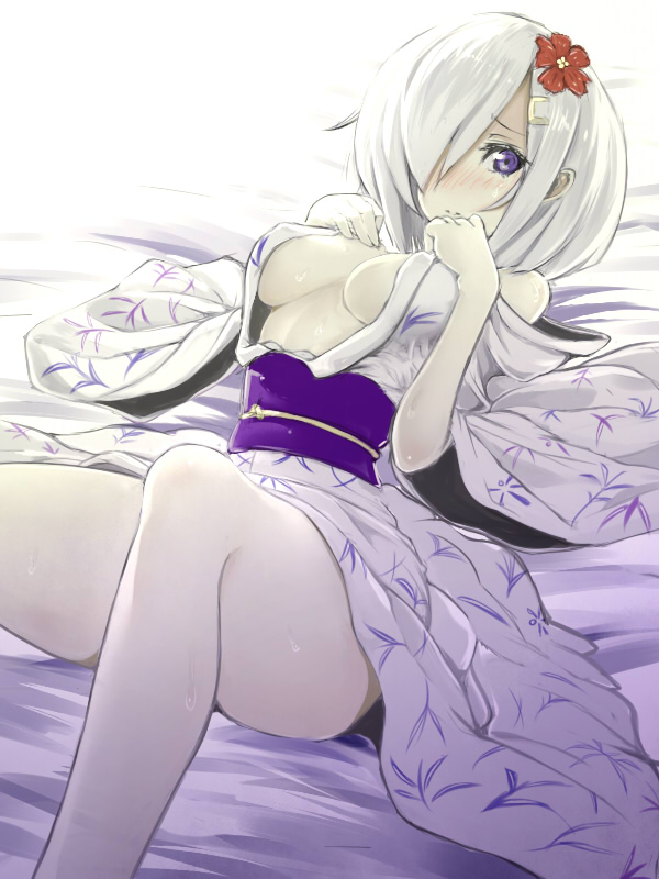 1girl, blue_eyes, blush, breasts, flower, hair_flower, hair_ornament, hair_over_one_eye