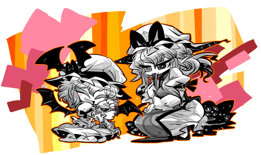 2girls, armband, barefoot, bat_wings, breasts, brown_background, chupacabra, closed_eyes