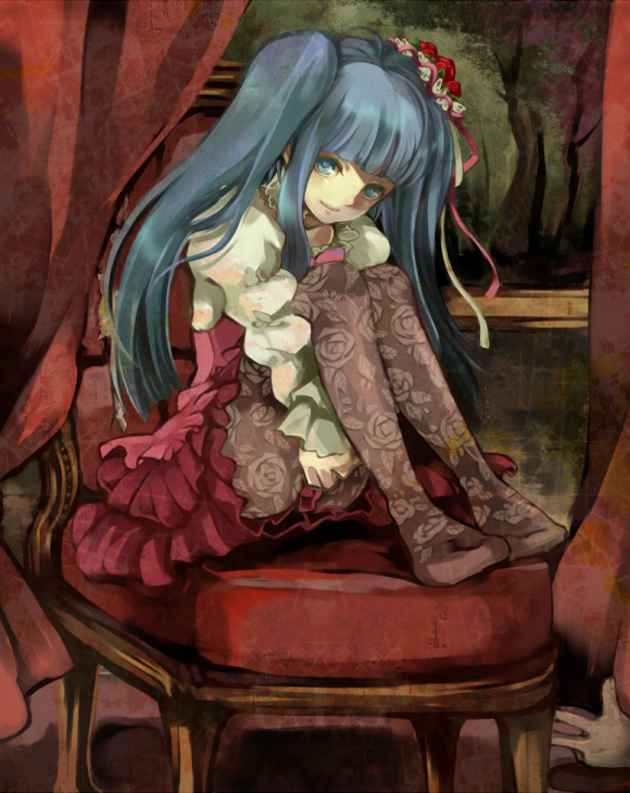 bangs, blue_eyes, blue_hair, chair, choker, curtains, dress, flower