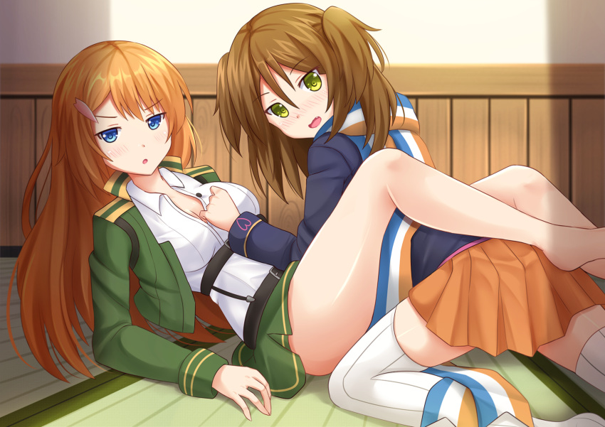 2girls, :o, bangs, belt, between_legs, blue_eyes, blush, breasts