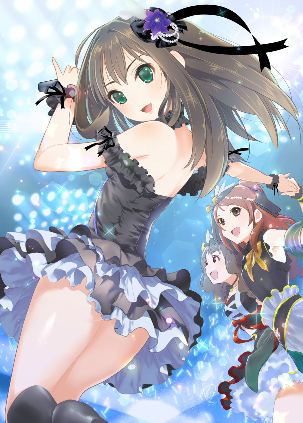 3girls, back, bare_shoulders, black_dress, black_hair, blush, brown_eyes, brown_hair, dress, flower, green_eyes, hair_flower, hair_ornament, hair_ribbon, holding_hands, houjou_karen, idolmaster, idolmaster_cinderella_girls, kamiya_nao, long_hair, looking_at_viewer, looking_back, multiple_girls, open_mouth, red_eyes, ribbon, shibuya_rin, skirt, smile, thighs, yuzuki_yuno