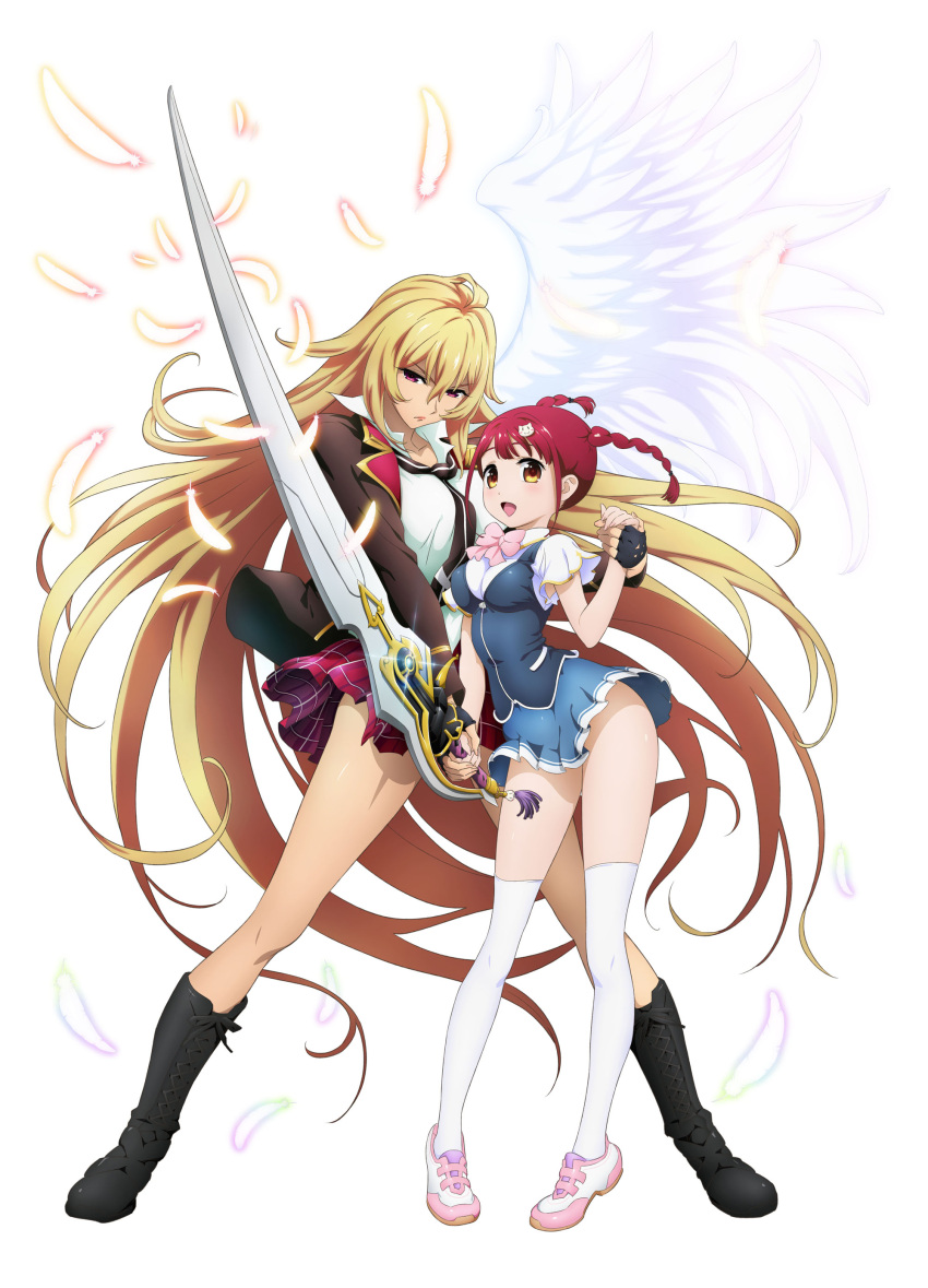 2girls, absurdres, blonde_hair, blue_skirt, breasts, fingerless_gloves, gloves, highres
