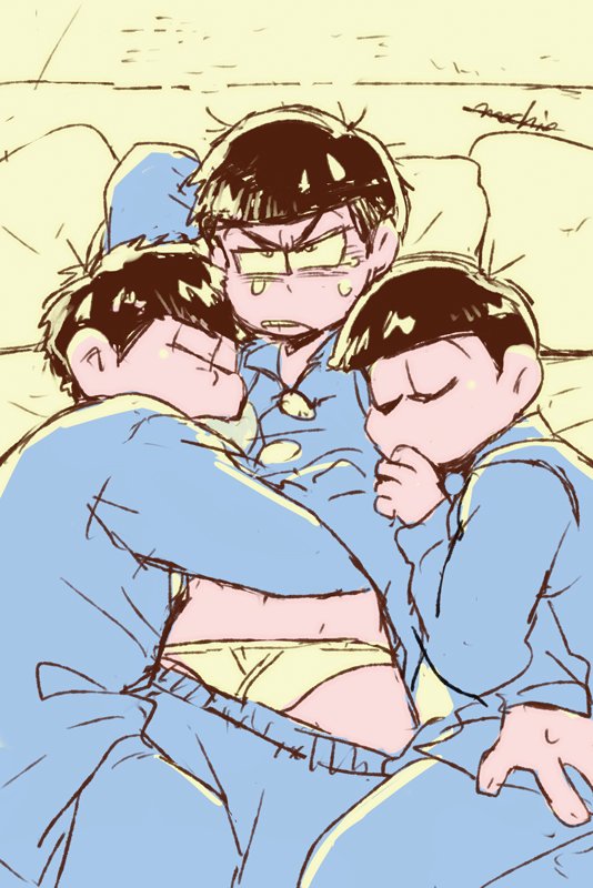 3boys, artist_name, black_hair, bowl_cut, briefs, brothers, closed_eyes, drooling