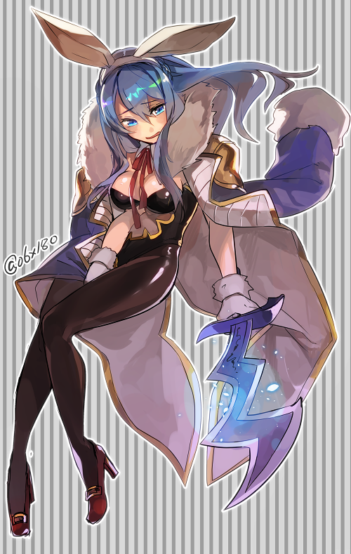 1girl, animal_ears, blue_eyes, blue_hair, breasts, bunnysuit, cleavage, dagger