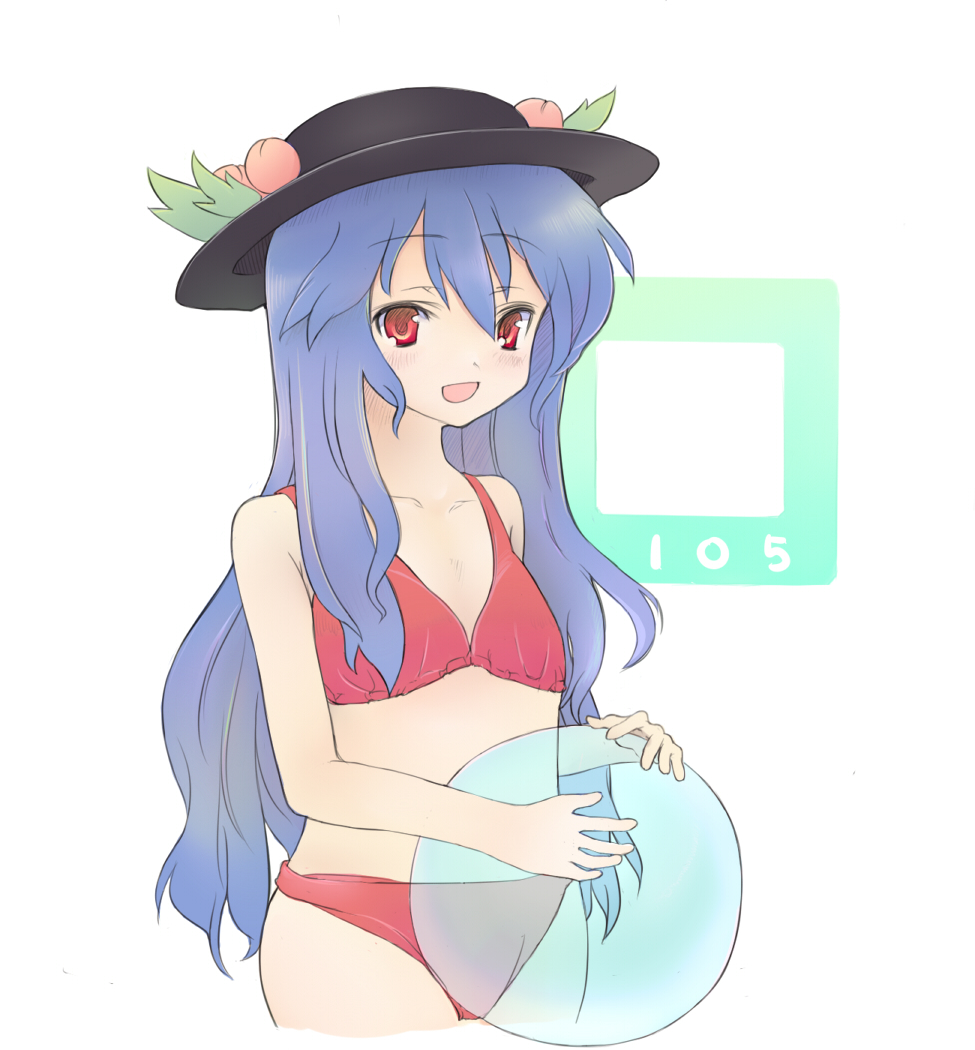 1girl, ball, beachball, bikini, blue_hair, flat_chest, food, fruit