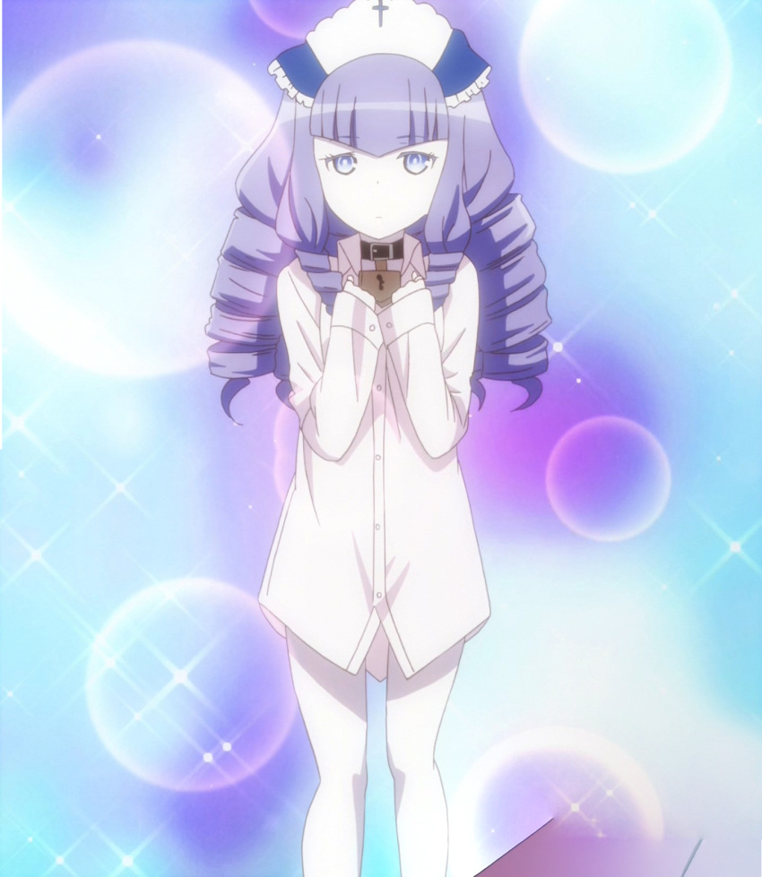 1girl, curly_hair, highres, lapis_lazuli_(taimadou_gakuen), long_hair, pantyhose, purple_hair, screencap