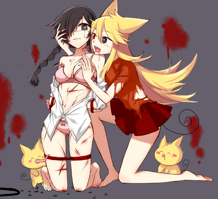 2girls, ^o^, animal_ears, barefoot, bdsm, blonde_hair, blood, bound_arms, bound_legs, bow_panties, bra, bra_strap, breast_grab, breasts, cat_ears, eyebrows, eyebrows_visible_through_hair, eyelashes, eyes, hair, hair_over_one_eye, injury, kurai_yonaka, long_hair, long_tail, moge-ko, mogeko_(mogeko_castle), mogeko_castle, multiple_girls, panties, pink_bra, pink_panties, tail, torn_clothes, torture, tounge, underwear, yuri