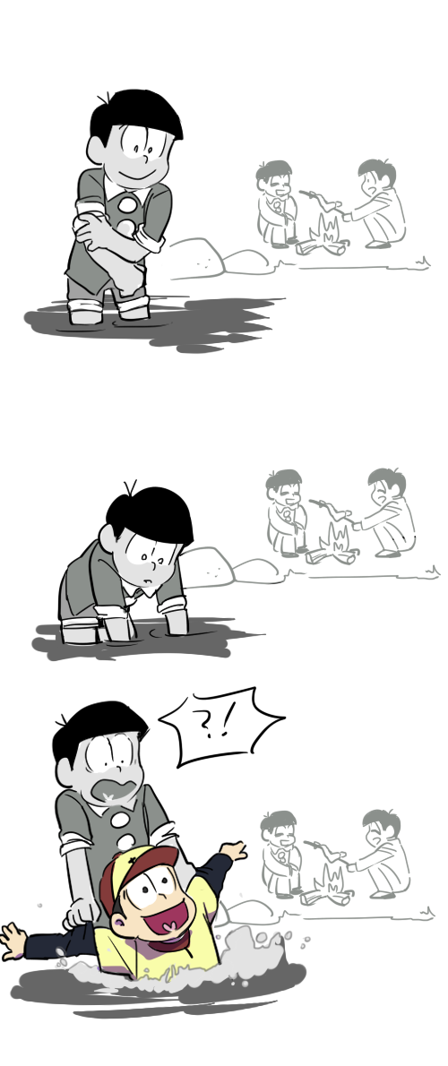 !?, 4boys, baseball_cap, baseball_uniform, bbu_upman, blurry, comic, depth_of_field, hat, heart, heart_in_mouth, jyushimatsu, monochrome, multiple_boys, osomatsu-kun, osomatsu-san, pulling, river, shorts, silent_comic, sitting, sleeves_rolled_up, smile, sportswear, spot_color, what