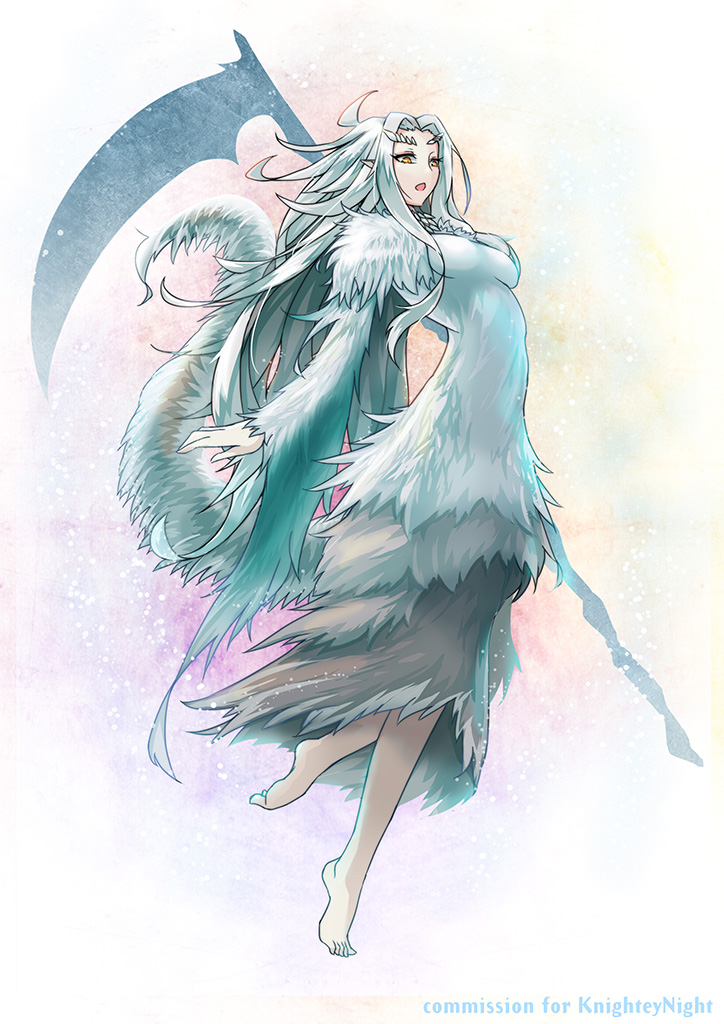 1girl, arched_back, barefoot, breasts, dark_souls, dragon_girl, full_body, fur