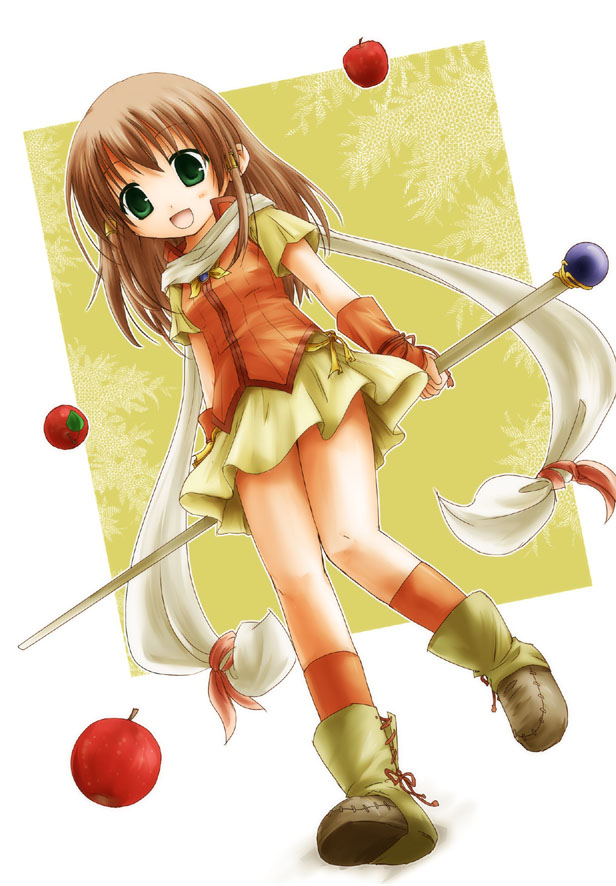 1girl, :d, apple, arms_behind_back, blush, brown_hair, fire_emblem, fire_emblem:_akatsuki_no_megami