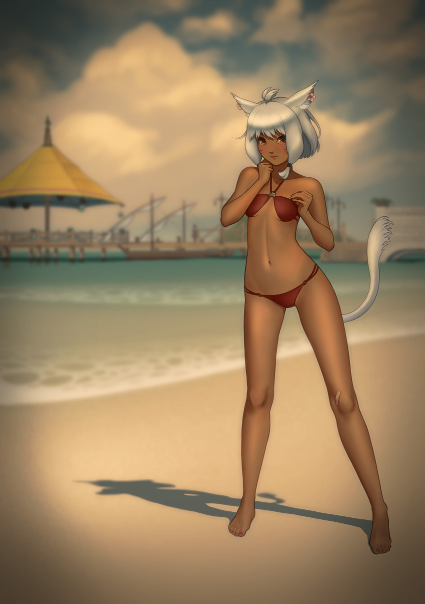 1girl, absurdres, animal_ears, bandaid, bandaid_on_knee, barefoot, beach, bikini
