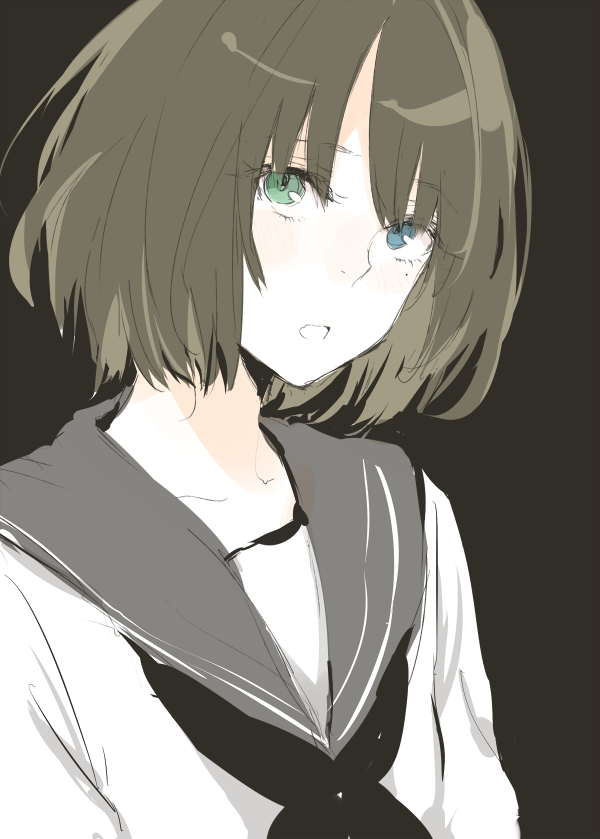 1girl, blue_eyes, blush, green_eyes, grey_background, grey_hair, heterochromia, idolmaster