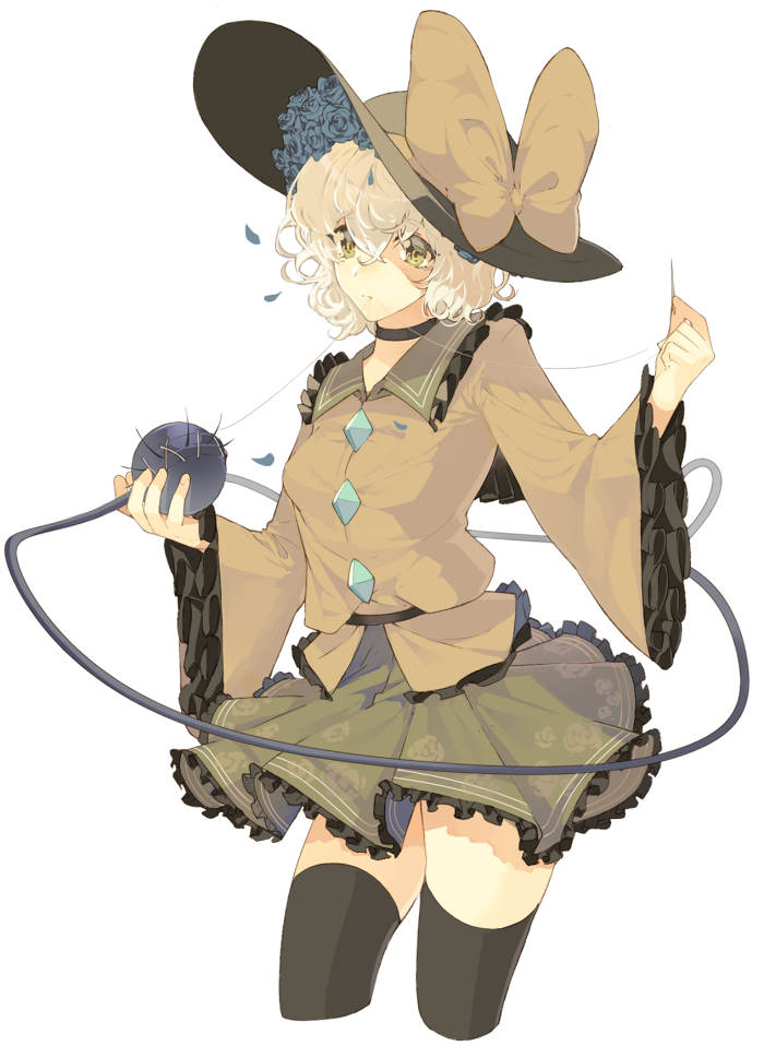 1girl, bangs, belt, black_legwear, blue_flower, blue_rose, bow, buttons