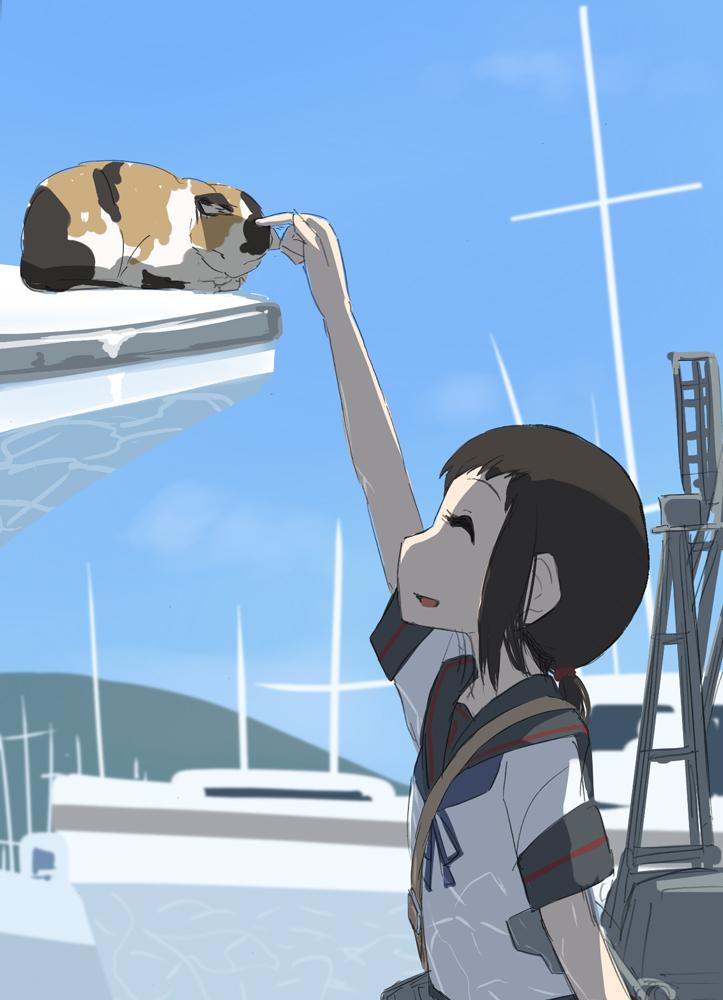1girl, black_hair, blue_sky, cat, closed_eyes, fubuki_(kantai_collection), imai_tetsuya, kantai_collection