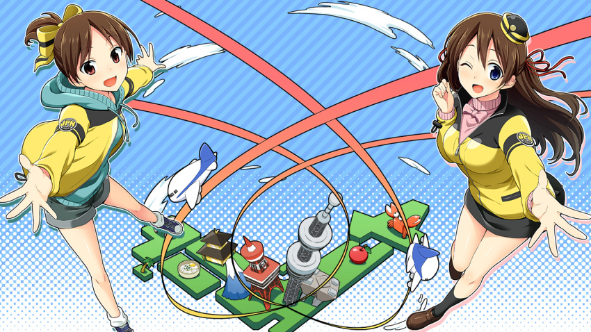 2girls, airplane, blue_eyes, bow, crab, food, game_cg, go!_go!_nippon!_2015, go!_go!_nippon!_~my_first_trip_to_japan~, hair_bow, hair_ribbon, hat, hoodie, long_hair, long_sleeves, misaki_akira, misaki_makoto_(go!_go!_nippon!), multiple_girls, official_art, one_eye_closed, outstretched_arms, red_eyes, ribbon, shoes, short_hair, short_ponytail, short_shorts, shorts, shrine, skirt, socks, tennis_shoes, title_screen, tokyo_sky_tree, tokyo_tower, tour_guide, uniform, visual_novel, winking