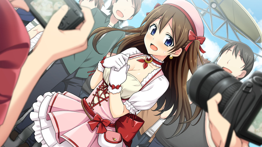 alternate_costume, artist_request, blue_eyes, blush, bow, breasts, brown_hair, camera, cleavage, clouds, cloudy_sky, digital_camera, dress, game_cg, gloves, go!_go!_nippon!_2015, go!_go!_nippon!_~my_first_trip_to_japan~, hair_bow, hands_on_own_chest, long_hair, misaki_makoto_(go!_go!_nippon!), no_eyes, official_art, open_mouth, outdoors, puffy_sleeves, sky, twintails