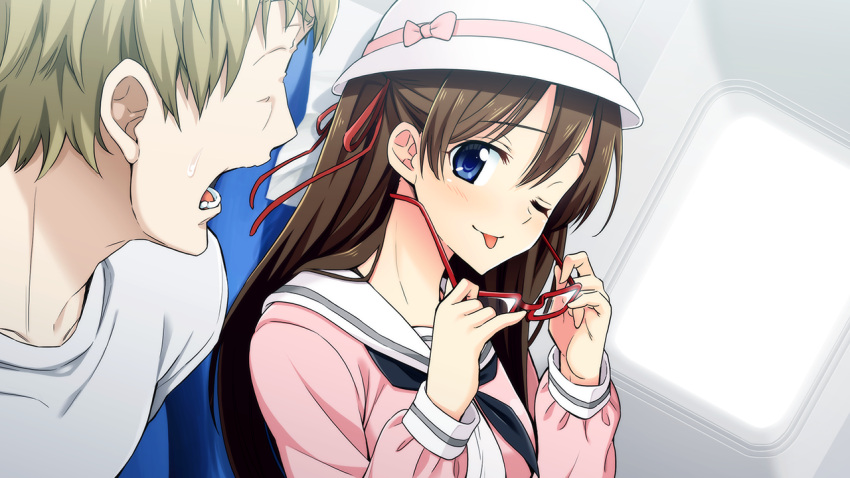 airplane, airplane_interior, alternate_costume, ascot, blue_eyes, brown_hair, glasses, glasses_removed