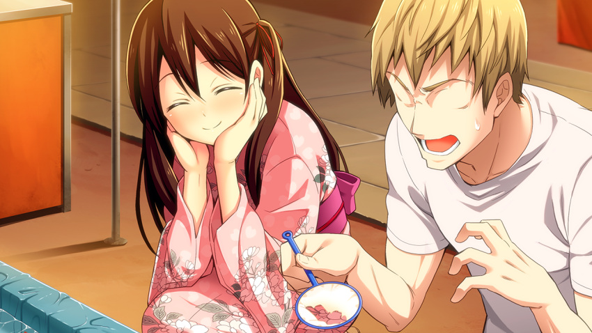 1boy, 1girl, blush, brown_hair, closed_eyes, elbows_on_knees, festival, fishing_net