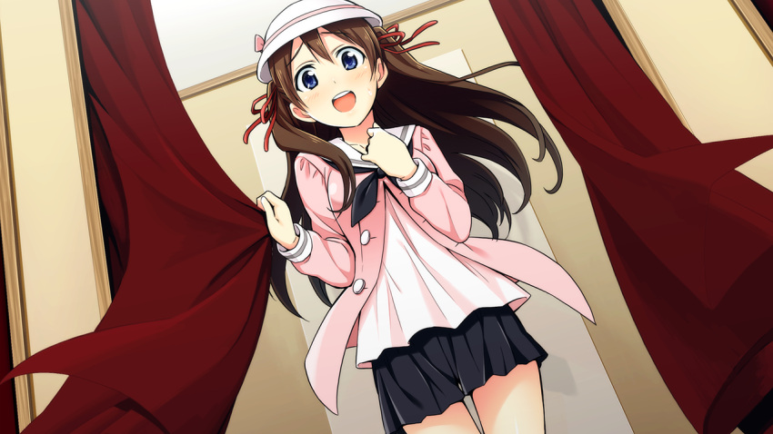 1girl, :d, alternate_costume, artist_request, ascot, blue_eyes, blush, brown_hair