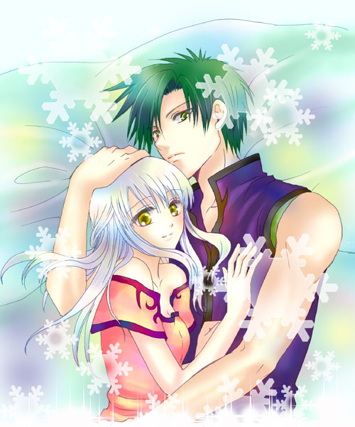 1boy, 1girl, bare_shoulders, couple, fire_emblem, fire_emblem:_akatsuki_no_megami, green_eyes, green_hair, hetero, holy_pledge, hug, long_hair, micaiah, serious, shirt, silver_hair, sleeveless, sleeveless_shirt, smile, snowflakes, sothe, yellow_eyes