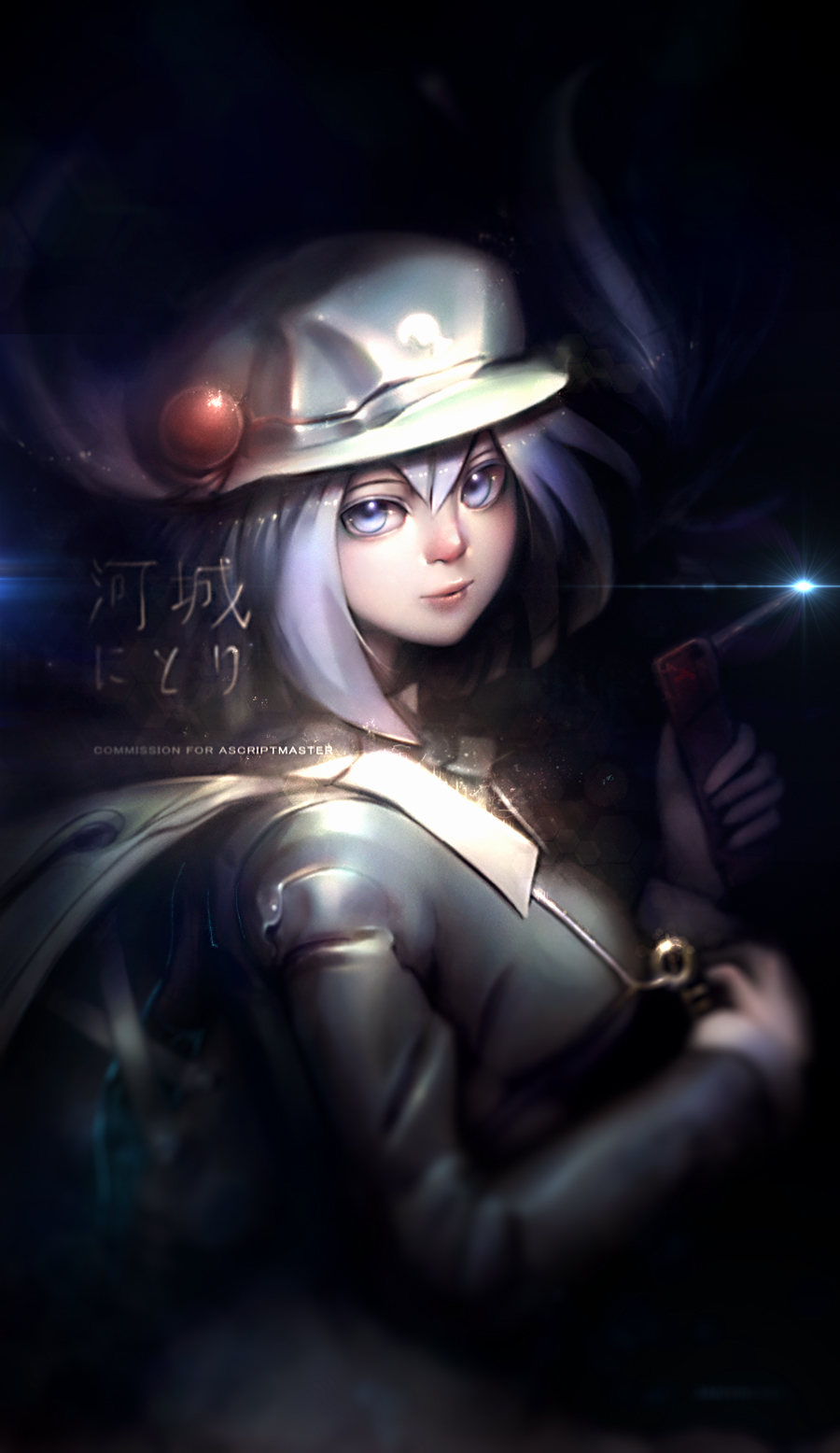 1girl, backpack, bag, blue_eyes, blue_hair, blurry, cabbie_hat, chromatic_aberration