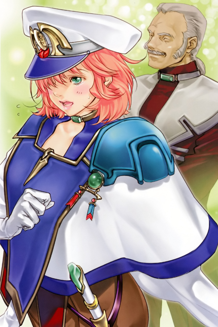 blush, gloves, green_eyes, hat, highres, ichimura_yuu, lefina_enfield, lipstick, pink_hair, sean_webley, short_hair, super_robot_wars, super_robot_wars_original_generation, uniform, white_gloves