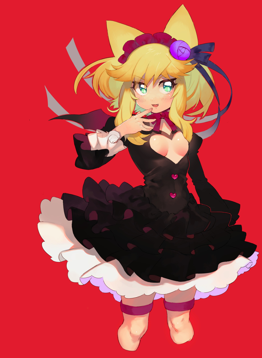 1girl, anyamal_tantei_kirumin_zoo, bat_wings, blonde_hair, blue_eyes, gothic_lolita, hairband, hatori_kanon, highres, hotomura_(muramura69), lolita_fashion, open_mouth, ribbon, solo, wings