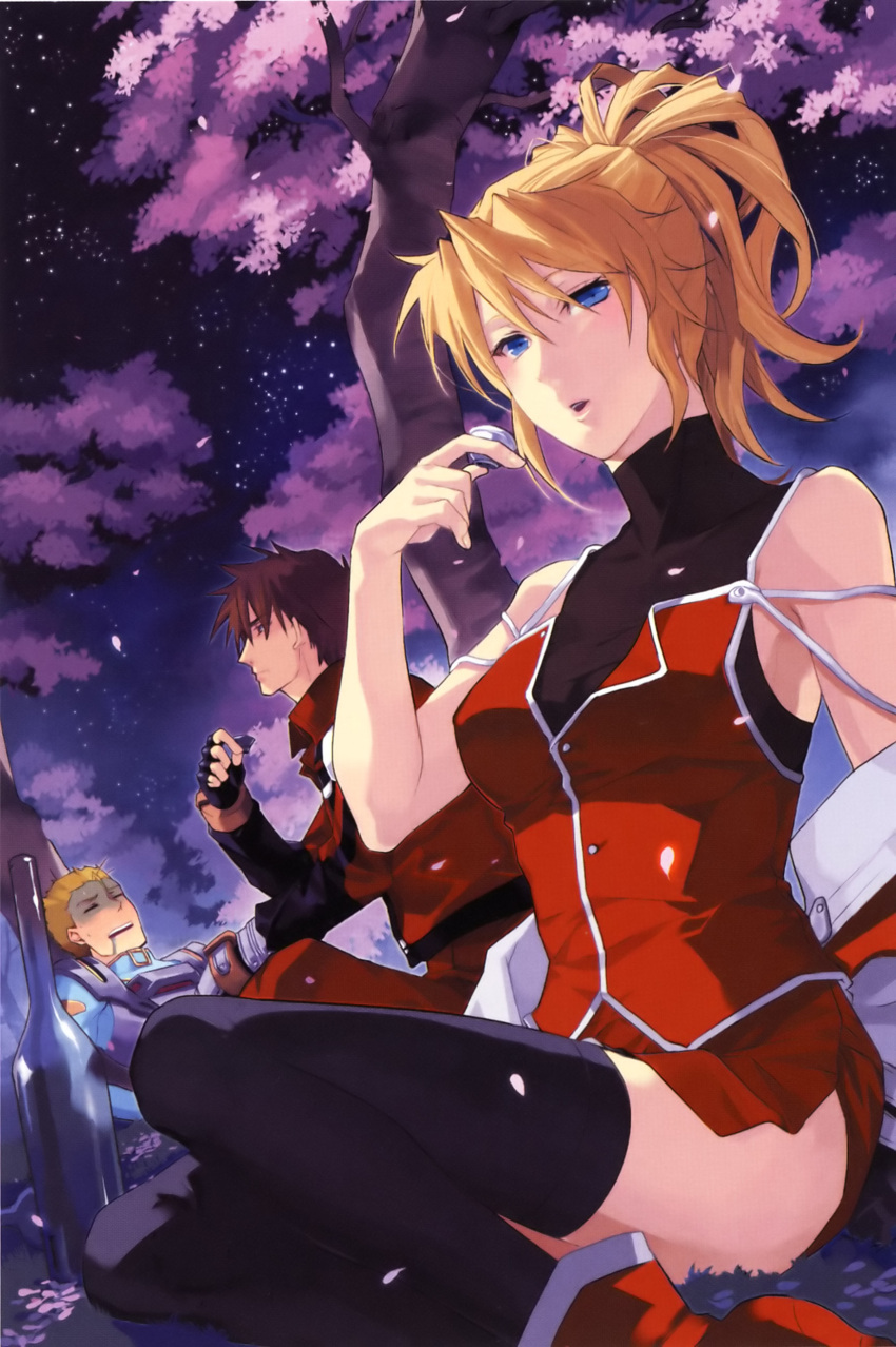 bare_shoulders, blonde_hair, blue_eyes, blush, brooklyn_luckfield, brown_hair, cherry_blossoms, excellen_browning