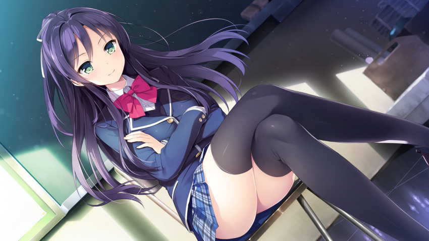 1girl, black_legwear, blazer, chair, chalkboard, crossed_arms, crossed_legs, dutch_angle