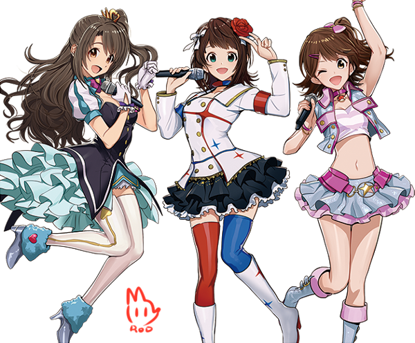 3girls, :d, amami_haruka, arm_up, artist_name, boots, bow, flower
