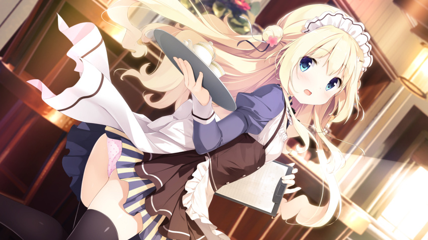 1girl, aqua_eyes, blonde_hair, blush, bunny_hair_ornament, clipboard, double_bun, flower, from_side, game_cg, hair_flower, hair_ornament, hair_ribbon, juliet_sleeves, koi_kakeru_shin-ai_kanojo, komari_yui, long_sleeves, looking_at_viewer, maid_headdress, open_mouth, panties, pantyshot, polka_dot, polka_dot_panties, puffy_sleeves, ribbon, shiratama_(shiratamaco), skirt, solo, tea_set, teapot, thigh-highs, two_side_up, underwear, vertical-striped_skirt, vertical_stripes, waitress