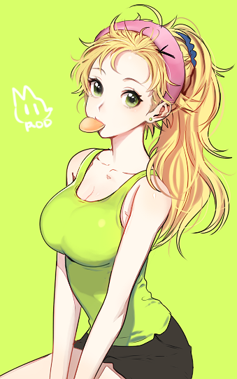 1girl, artist_name, breasts, cleavage, earrings, food_in_mouth, green, green_background