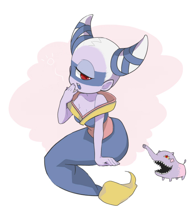1girl, arm_support, baku_(creature), baku_(youkai_watch), bare_shoulders, breasts, cyclops, fuumin_(youkai_watch)