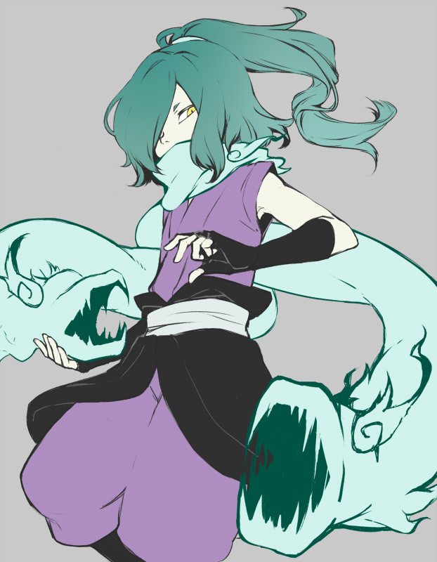 1boy, black_gloves, fingerless_gloves, flat_color, gloves, green_hair, grey_background, hair_over_one_eye