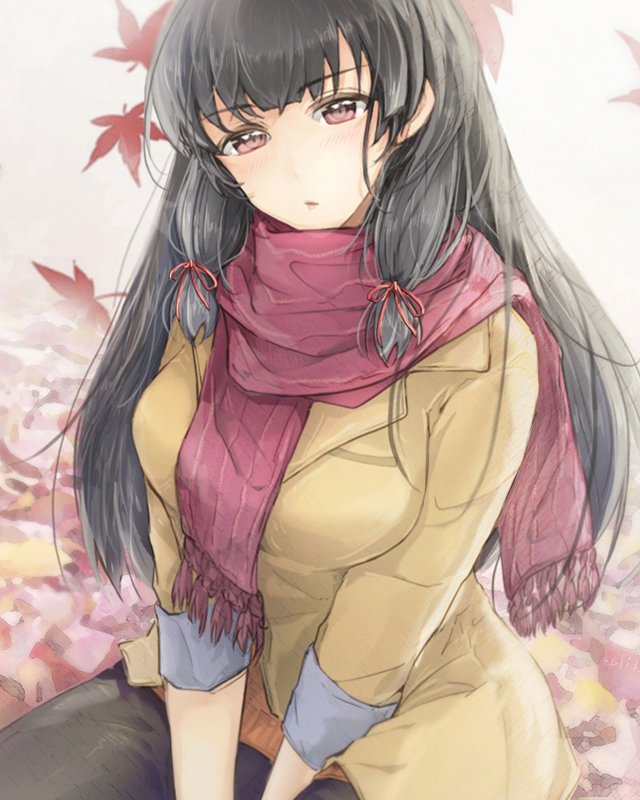 1girl, akira_(aky-la), alternate_costume, autumn_leaves, black_hair, breasts, female, gloves