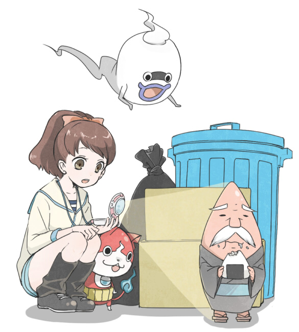 1girl, box, brown_hair, cardboard_box, cat, drooling, eating, facial_hair, food, food_on_face, geta, ghost, high_ponytail, himojii, japanese_clothes, jibanyan, kimono, kodama_fumika, long_hair, mochiyanagi, mustache, notched_ear, onigiri, open_mouth, pendant_watch, purple_lips, saliva, simple_background, squatting, trash_bag, trash_can, watch, whisper_(youkai_watch), white_background, white_hair, youkai, youkai_watch, youkai_watch_(object)