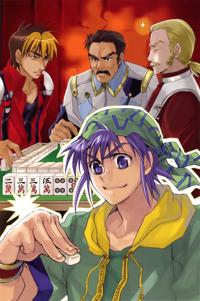 bandana, blonde_hair, brown_eyes, brown_hair, facial_hair, highres, kai_kitamura, kuramoto_kaya