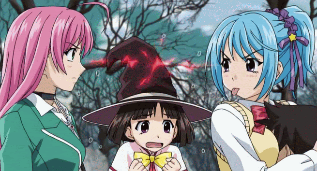 1boy, 3girls, akashiya_moka, animated, animated_gif, aono_tsukune, black_hair, blue_hair
