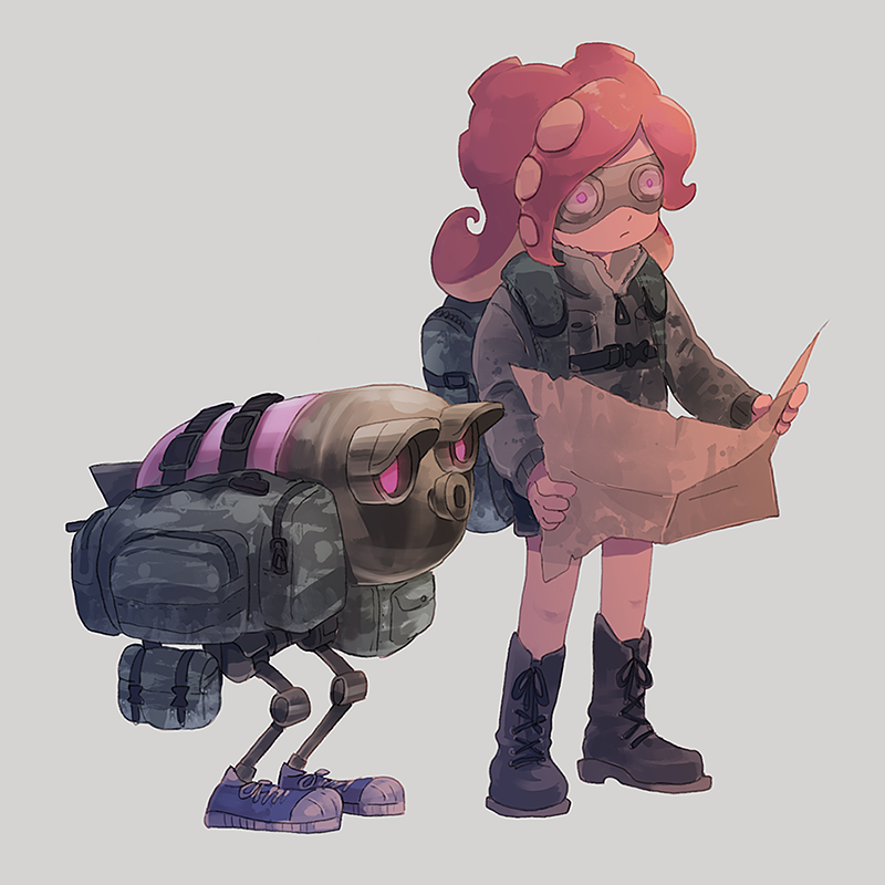 1girl, bag, belt, boots, goggles, kato, map, military_jacket