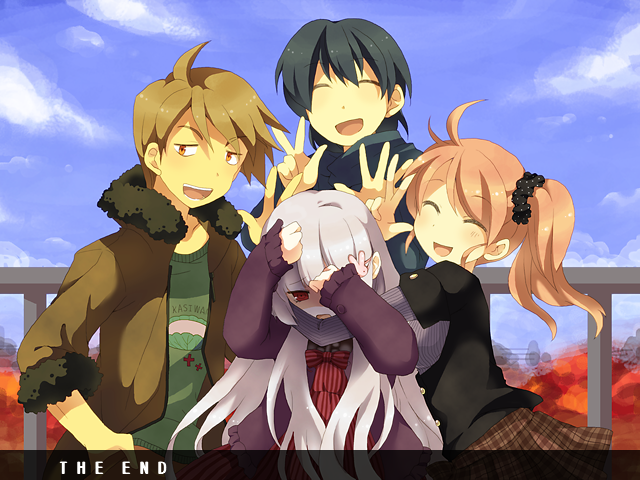2boys, 2girls, ageha_(irisu), ai_to_yuuki_to_kashiwamochi, albino, bunny_hair_ornament, covering_face, edo_(irisu)