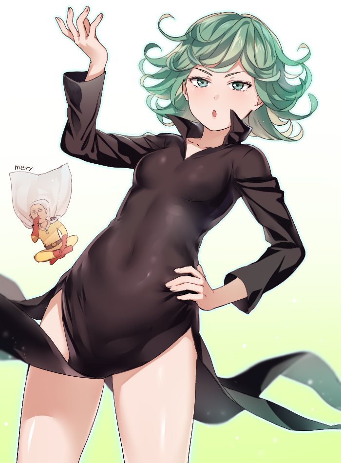 1boy, 1girl, aqua_eyes, arm_up, artist_name, bald, belt, black_dress